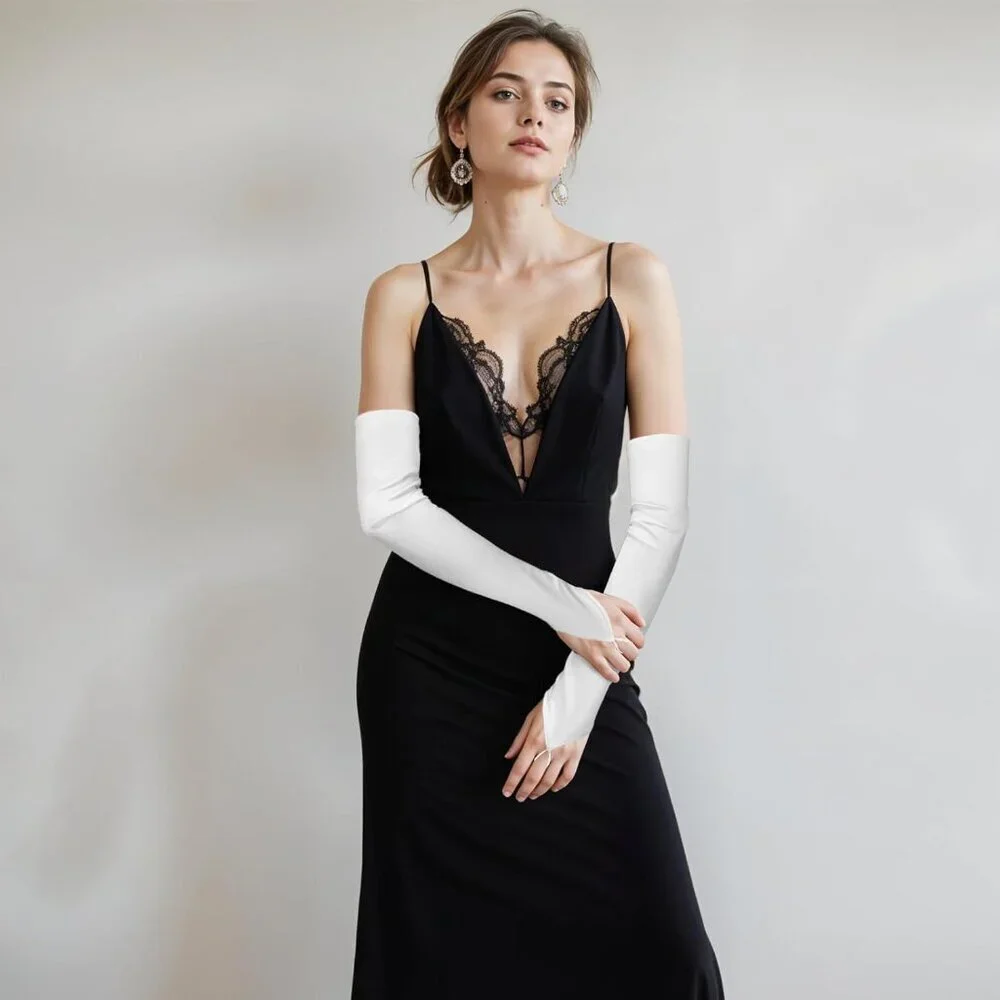 Women's Fingerless White Long Satin Gloves Elbow Length Design Party Prom
